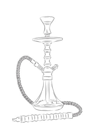 Hookah shisha styled with hose and tobacco bowl silhouette drawing in vintage graphic style with black on white backgroundのイラスト素材