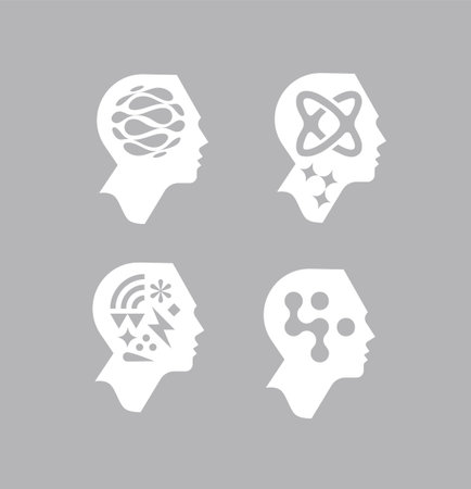 Human head profile view set drawing in artificial intelligence style with light color on grey backgroundのイラスト素材