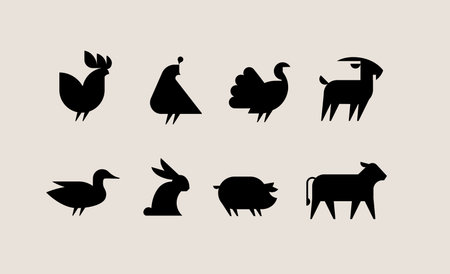Farm animals icon set with rooster, quail, turkey, goat, duck, hare, pig, cow drawing with black on beige backgroundのイラスト素材