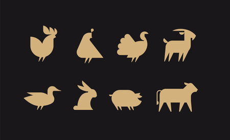 Farm animals icon set with rooster, quail, turkey, goat, duck, hare, pig, cow drawing with beige on black backgroundのイラスト素材