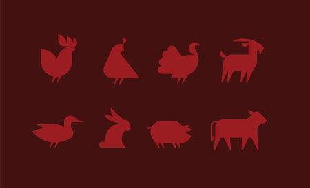 Farm animals icon set with rooster, quail, turkey, goat, duck, hare, pig, cow drawing with red on brown backgroundのイラスト素材