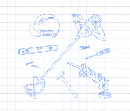 Construction tools composition hard hat, building level, mortar mixer, hammer, screwdriver, reciprocating saw, screw drawing in graphic style on light backgroundのイラスト素材