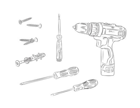 Construction tools set composition cordless drill, screwdriver, screw drawing in graphic style on white backgroundのイラスト素材