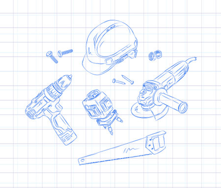 Powerful rotary hammer and regular drill set drawing in graphic style on light backgroundのイラスト素材