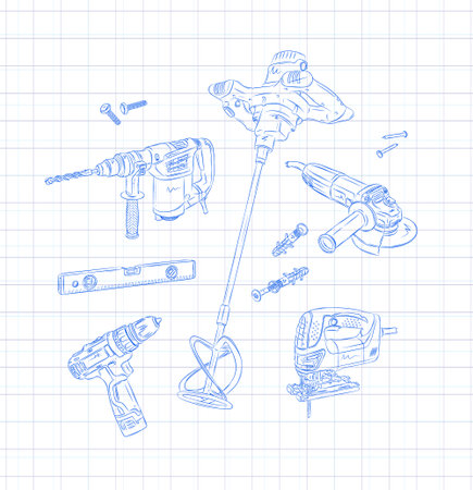 Power construction and repair tools set hammer drill, mortar mixer, angle grinder, building level, drill, jigsaw drawing in graphic style on light backgroundのイラスト素材