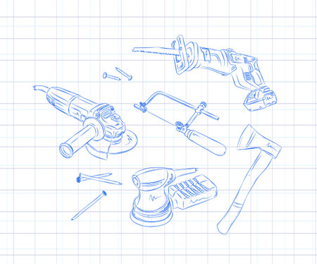 Woodworking construction tools set angle grinder, saw, reciprocating saw, sander, axe drawing in graphic style on light backgroundのイラスト素材