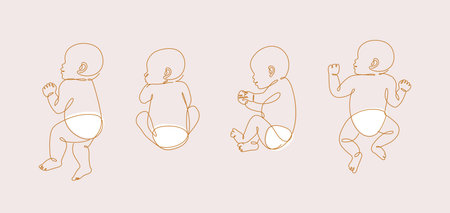Newborn silhouette in a diaper in different poses collection drawing in linear art style on light backgroundのイラスト素材