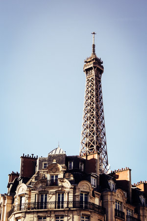 Eiffel Tower at sunset in Paris, France. Romantic travel background.のeditorial素材