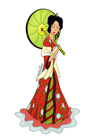 Japanese woman with a green umbrellaのイラスト素材
