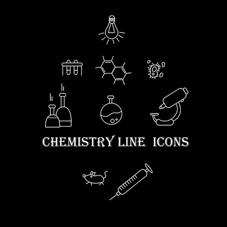 chemistry, symbol, icon, set, science, education, vector, microscope, graduation, equipment, school, university, bulb, light, technology, fruit, sign, imagination, atom, research, structure, blackboard, network, experiment, scientific, connection, inspiraのイラスト素材
