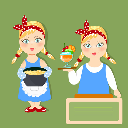 two beautiful girls cook delicious dishesのイラスト素材