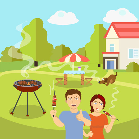 couple fries barbecue near the country houseのイラスト素材