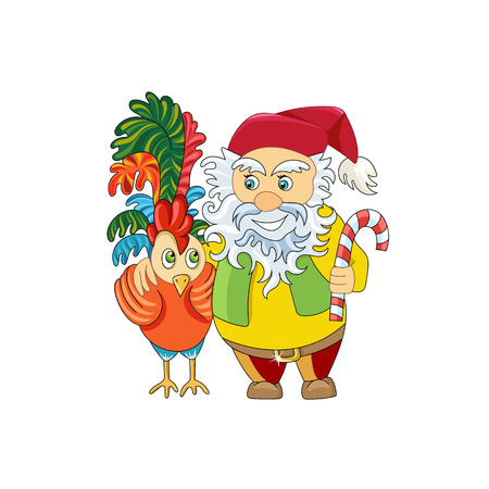 Christmas gnome and his friend Rooster - a symbol of 2017. New Year card. Happy New Year and Christmas.- Stock Vector.のイラスト素材