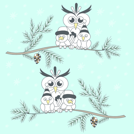 Two branches with birds. Friendly company. Owl and two birdies on the Christmas tree. - Stock vectorのイラスト素材