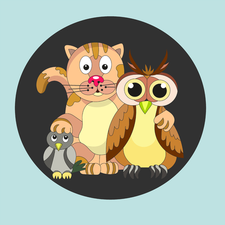 Friendly company. Cat, owl and titmouse.  Friendship. - Stock vectorのイラスト素材