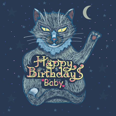 Happy Birthday! Hand inscription lettering with a beautiful cat in space - vector illustrationのイラスト素材
