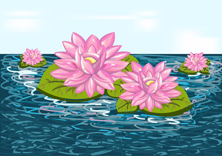 Beautiful flower lily on blue water - vector illustrationのイラスト素材