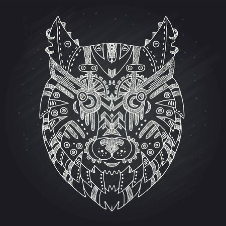 Wild beautiful wolf head hand draw on a chalk board background.Fashion boho american steam punk style in a vector illustrationのイラスト素材