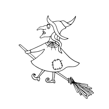 The witch flies away on a broomstick. Halloween coloring book vector illustrationのイラスト素材