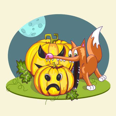 Fox wants to eat a pumpkin. Halloween. Autumn holidays. Vector Illustration.のイラスト素材