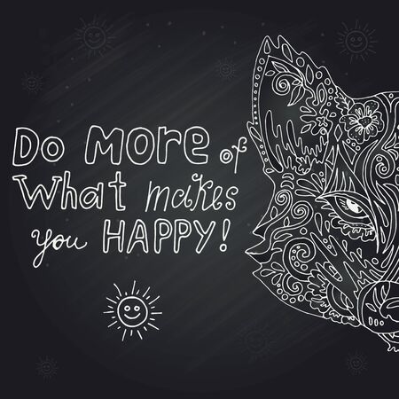 Wild beautiful fox head hand drawn in chalk on a black background. Fashion in a vector illustrationのイラスト素材