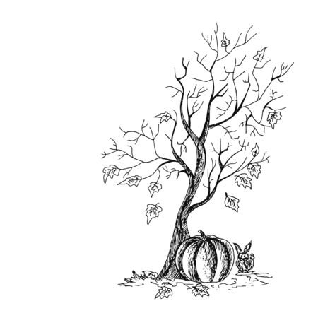 A tree with a pumpkin and a rabbit. Halloween. Autumn holidays. Hand drawn Vector Illustrationのイラスト素材