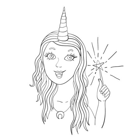 Beautiful girl with a unicorn horn and a magic wand. Fairy. Enchantress. Print. Vector illustrationのイラスト素材