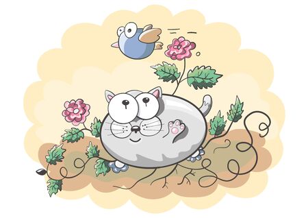 Cat and bird in flowers. Print. Cheerful character. Vector illustrationのイラスト素材