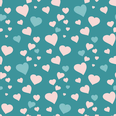 Pink and blue hearts on a turquoise background. Seamless pattern. Romantic background. Wedding...