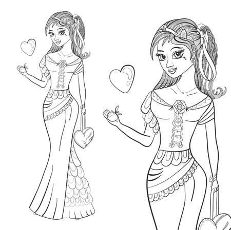 Girl in a blue dress with an apple. Fashionable illustration. Venus goddess. Coloring book page. Vector illustrationのイラスト素材