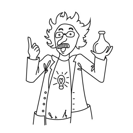 Male professor with a flask. Scientist. The science. Brilliant idea. Coloring book page. Vector illustrationのイラスト素材