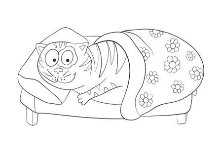 Cat sleeps in bed under the covers. Home comfort. Vector illustrationのイラスト素材