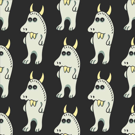 Cool cute monster seamless pattern on black background. Wolf. Vector illustrationのイラスト素材
