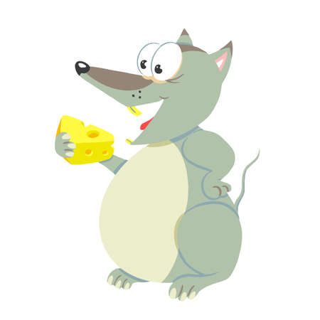 Cute mouse with a piece of cheese. Food. Milk product. Vector illustrationのイラスト素材