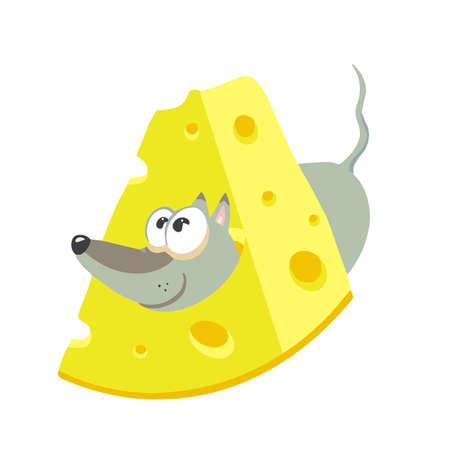 Cute mouse with a piece of cheese. Food. Milk product. Vector illustrationのイラスト素材