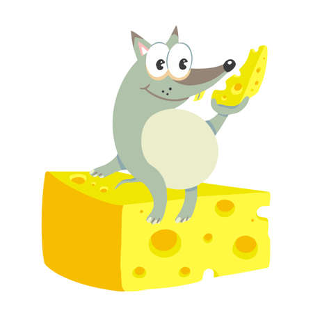Cute mouse with a piece of cheese. Food. Milk product. Vector illustrationのイラスト素材