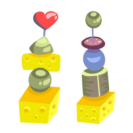 Small assorted savory sandwiches. Canapes. Cheese, olives, sushi, sausage. flat style. vector illustrationのイラスト素材