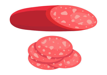Sausage meat assortment. Butcher shop products. Sausages, smoked cervelat, meat steak for barbeque, salami, home-made bacon, meatloaf, bacon fillet, fried chicken, pork belly, beef shank. Isolated flat on a white background. vector illustrationのイラスト素材