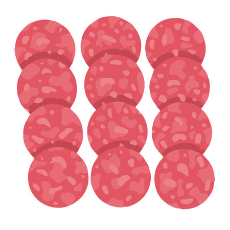 Sausage meat assortment. Butcher shop products. Sausages, smoked cervelat, meat steak for barbeque, salami, home-made bacon, meatloaf, bacon fillet, fried chicken, pork belly, beef shank. Isolated flat on a white background. vector illustrationのイラスト素材