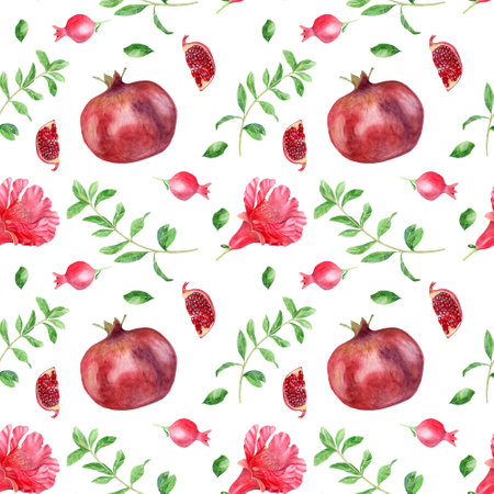 Seamless Pomegranate Flower and Leaf Pattern Watercolor Illustration Suitable for Packaging Textile Design Background. High quality photoの写真素材