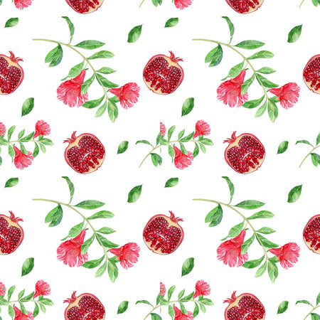 Seamless Pomegranate Flower and Fruits Pattern Watercolor Illustration Suitable for Packaging Background High quality photo. High quality illustrationの写真素材