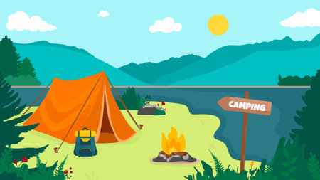 Camping. Vector illustration of a beautiful landscape, lake, mountains, forest, tent and campfire. Landing pageのイラスト素材