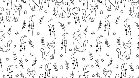 seamless black and white pattern with the image of cats. Vector illustrationのイラスト素材