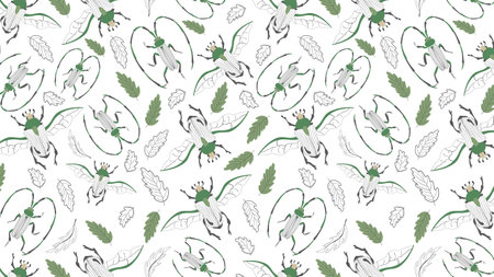 Seamless pattern with the image of beetles and leaves. Vector illustrationのイラスト素材