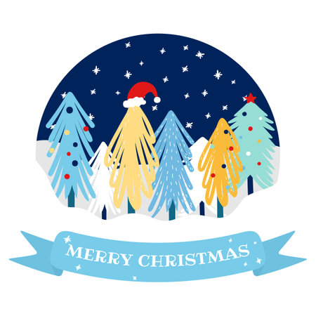 Christmas or New Year card with hand-drawn Christmas treesのイラスト素材