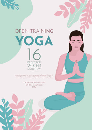 Yoga classes. Girl sitting in lotus position. Advertising flyer, poster template.のイラスト素材