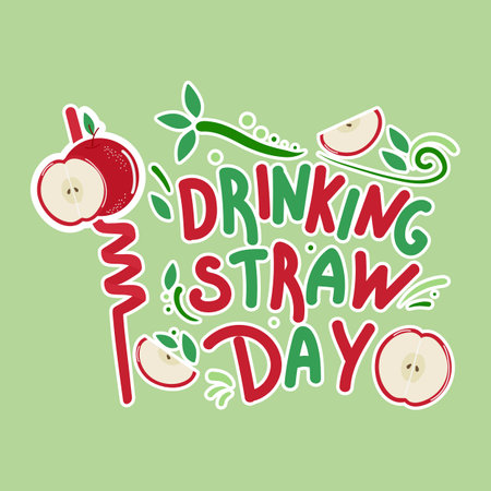 Drinking straw day, hand lettering. Illustration of a cocktail straw with an appleのイラスト素材