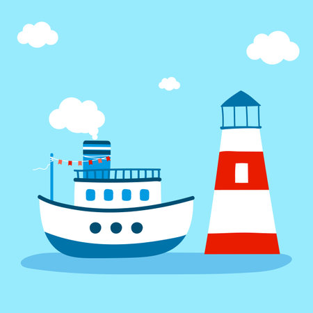 Lighthouse and ship. Vector illustration in flat style on blue background.のイラスト素材