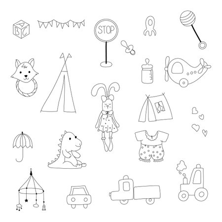 Cute hand drawn kids toys set. Vector illustration isolated on white background.のイラスト素材