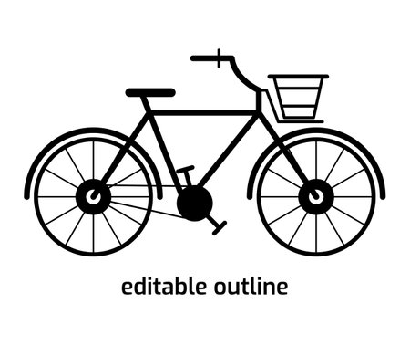 Classic black bicycle drawing with editable outline on transparent backgroundのイラスト素材